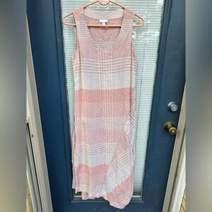 Pure Jill XS Faux Wrap Maxi Dress Red Cream Plaid Stripes Lines Linen Blend